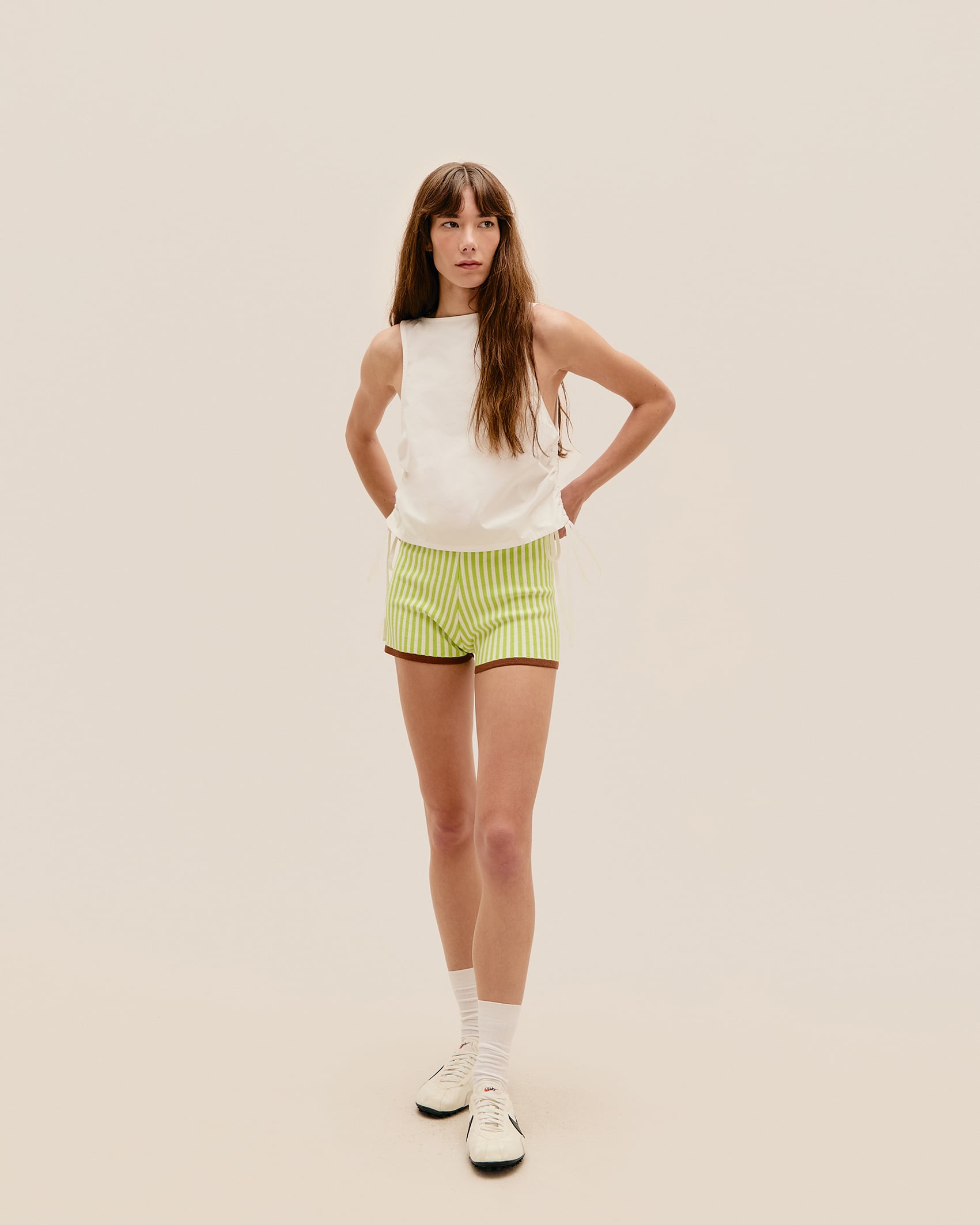 Short Bella Tricot Estampado Estampa Listras Verde Enlevo