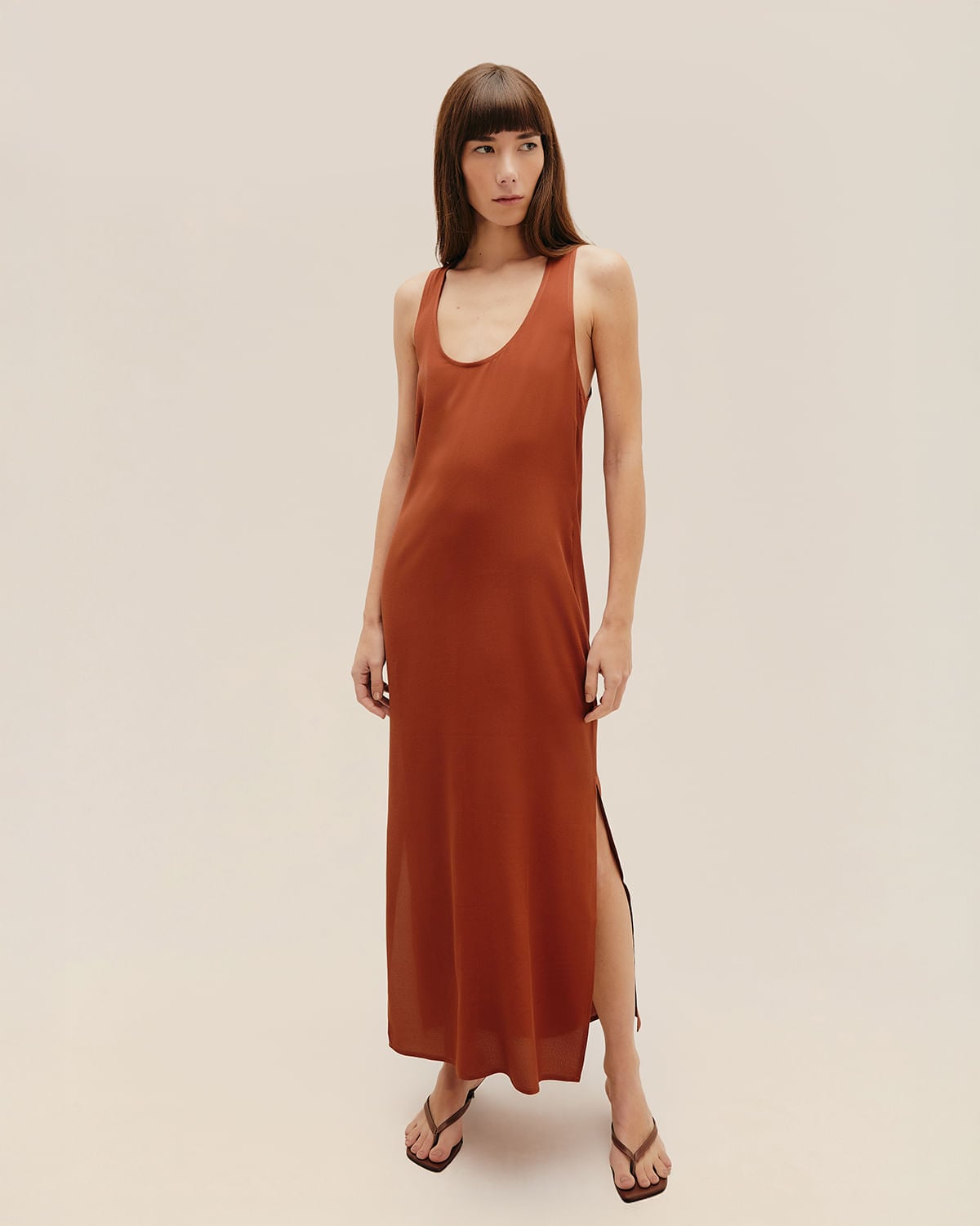 Vestido Decote U Longo Rosa