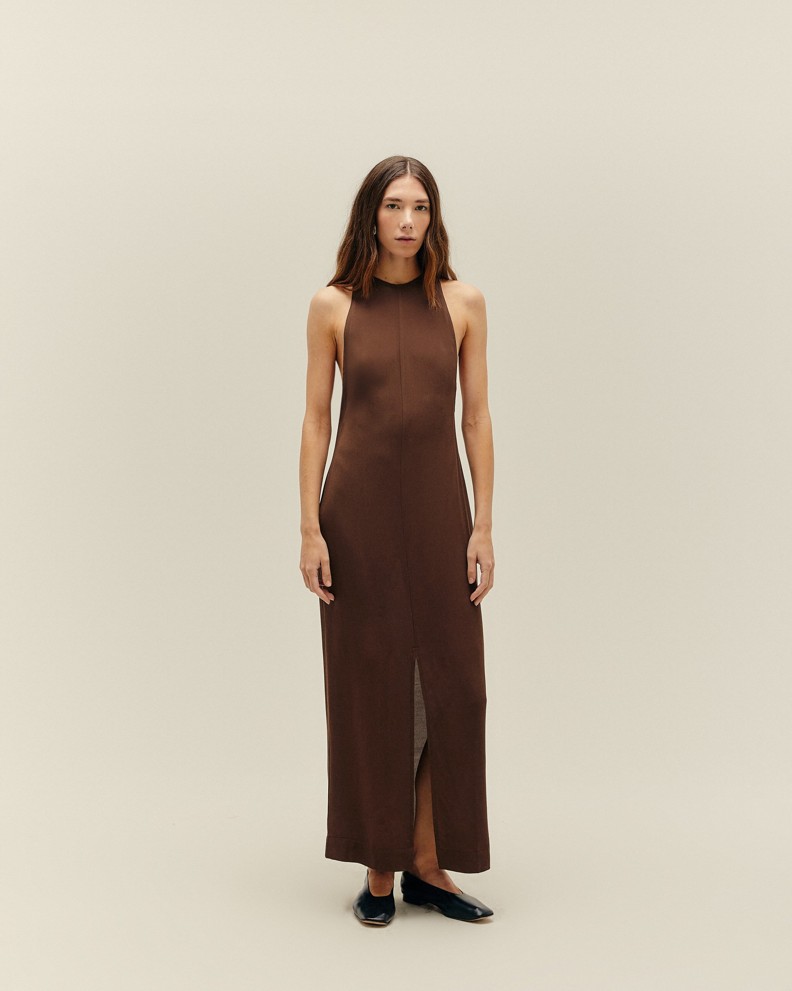 Vestido Fenda Frente Marrom Brauna