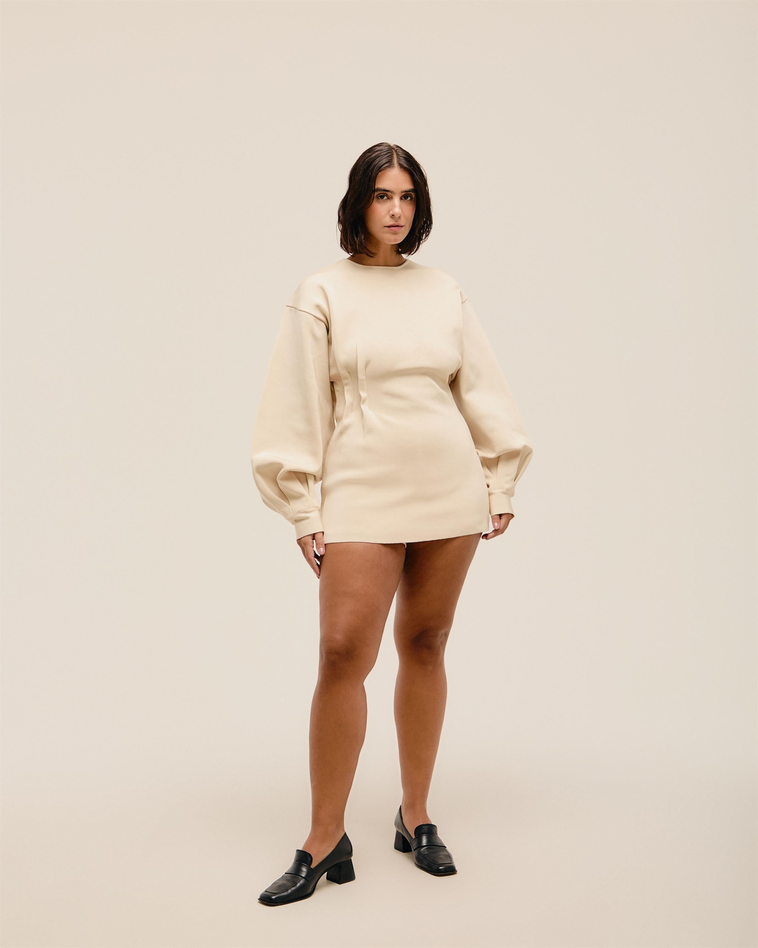 Vestido Manga Pregas Tricot Bege