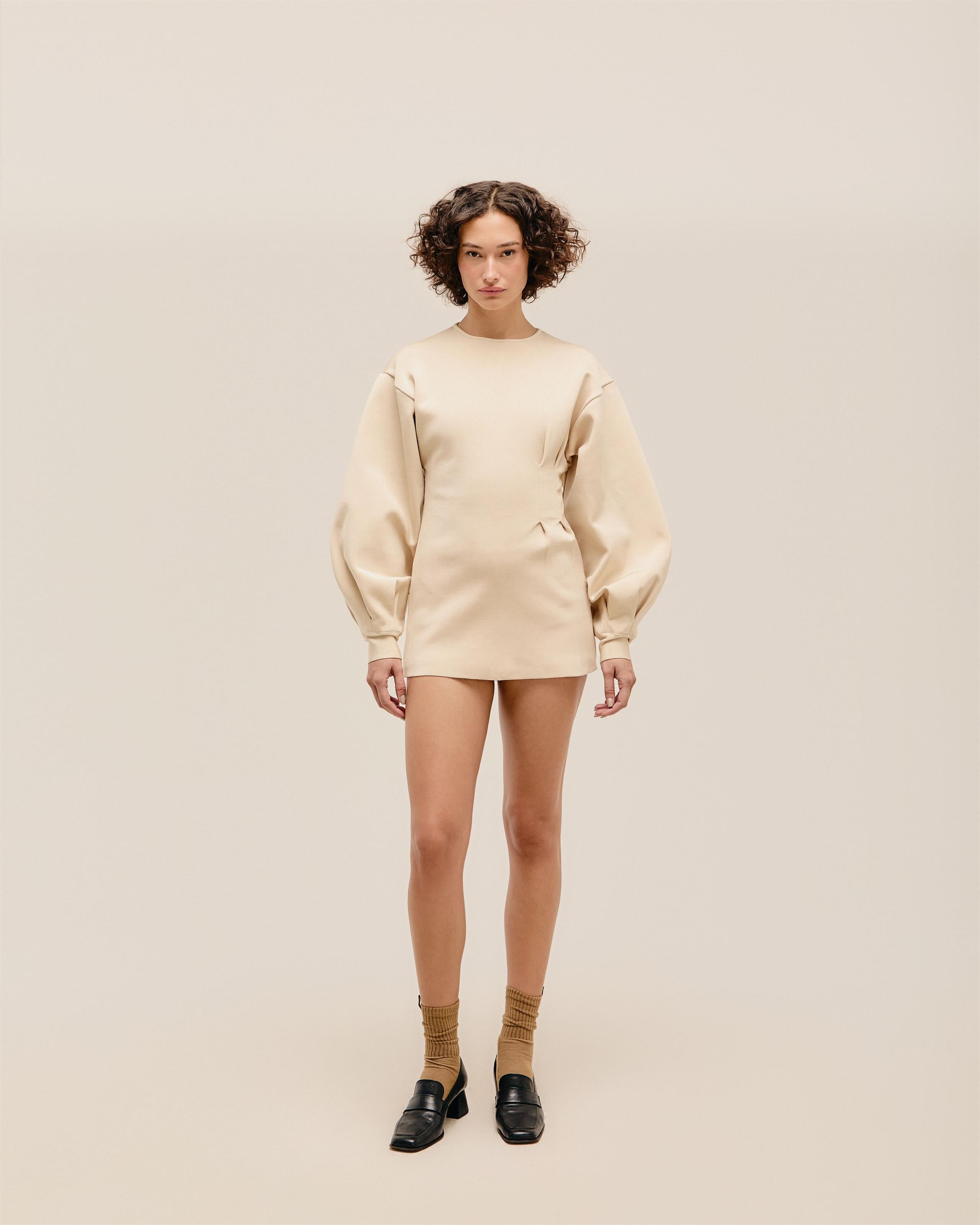 Vestido Manga Pregas Tricot Bege