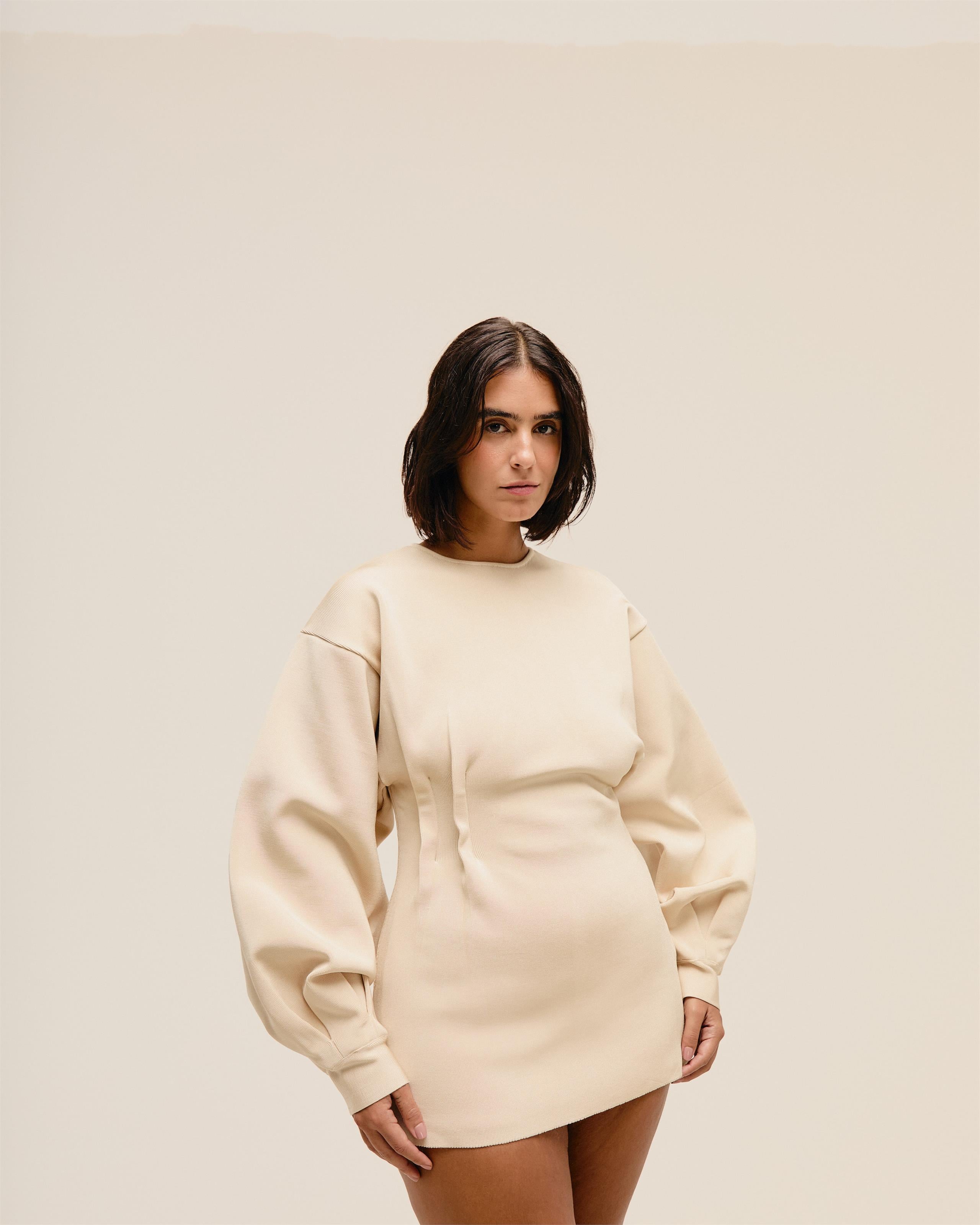 Vestido Manga Pregas Tricot Bege