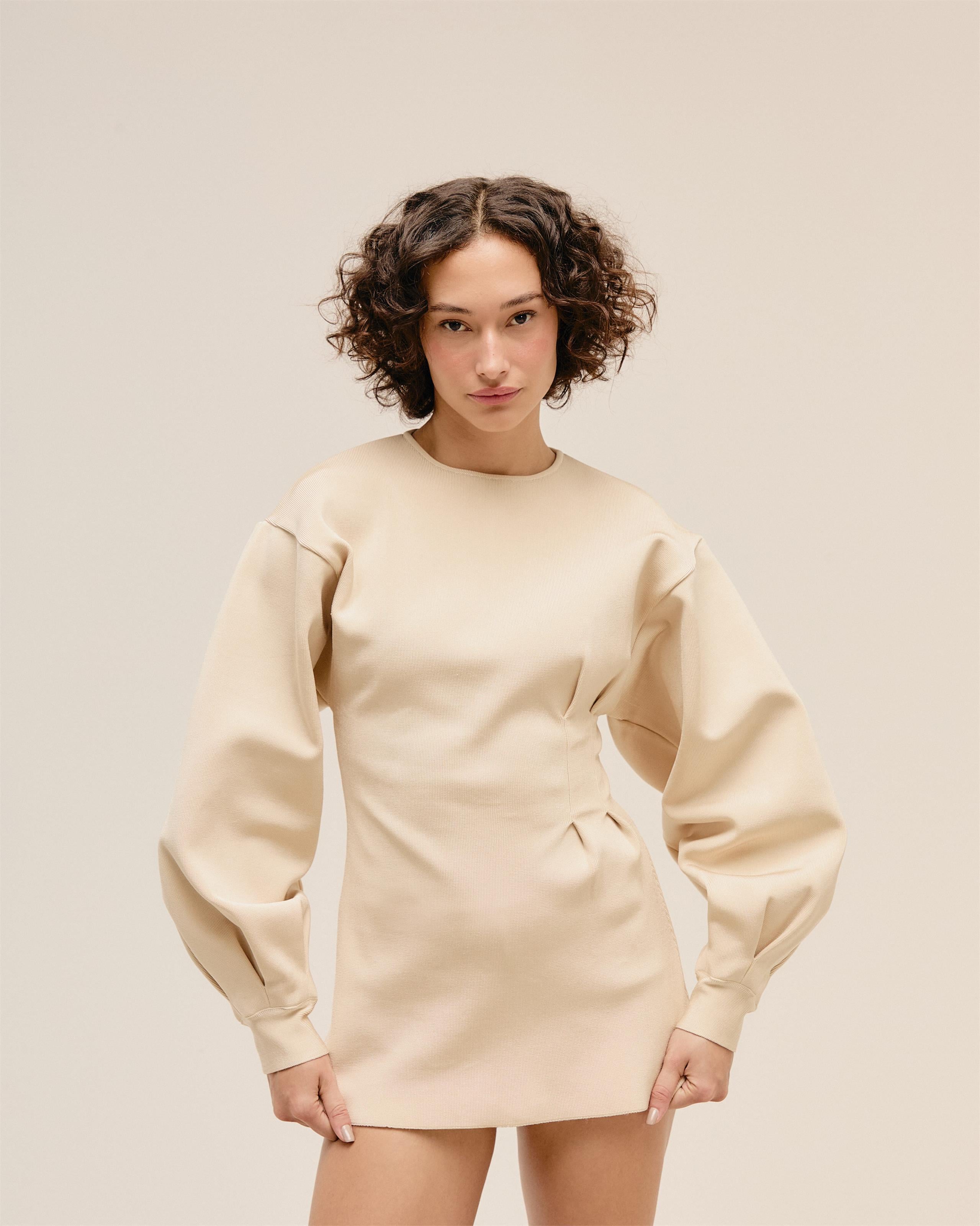 Vestido Manga Pregas Tricot Bege